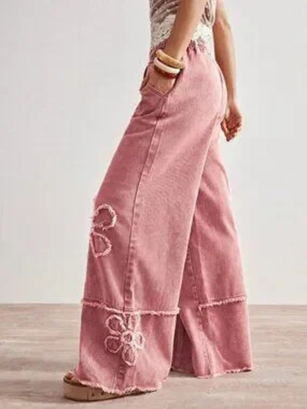 ZARA Pink Casual Women's Woven Loose Wide-Leg Washed Denim Pants